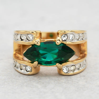 Vintage 1980s Marquise Emerald Green CZ Statement Ring - 18k Gold Electroplated jewelry image 1