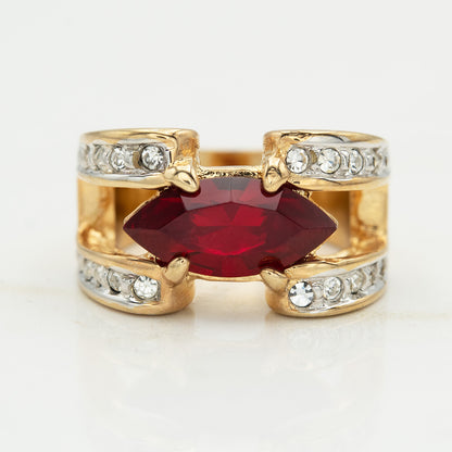 Vintage 1980s Marquise Cut Ruby Red CZ Statement Ring – 18k Gold Electroplated with Austrian Crystal Accents jewelry image 1
