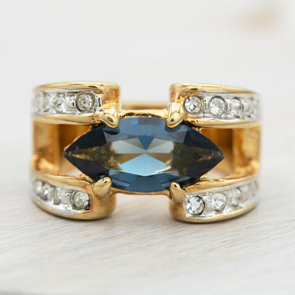 Vintage 1980s Marquise Blue Sapphire CZ Ring with Austrian Crystal Accents – 18k Gold Electroplated jewelry image 1
