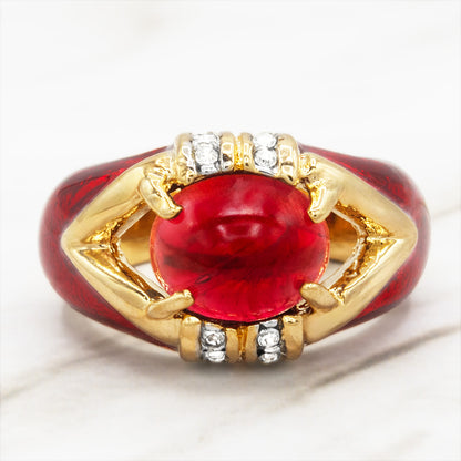 Vintage 1990s Ruby Red Cabochon Crystal and Clear Crystals Dome Ring - 18k Gold Electroplated with Hand Painted Epoxy jewelry image 1