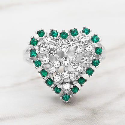 Vintage 1980s Heart Ring with Emerald Green and Clear Austrian Crystals – 18kt White Gold Electroplated jewelry image 1