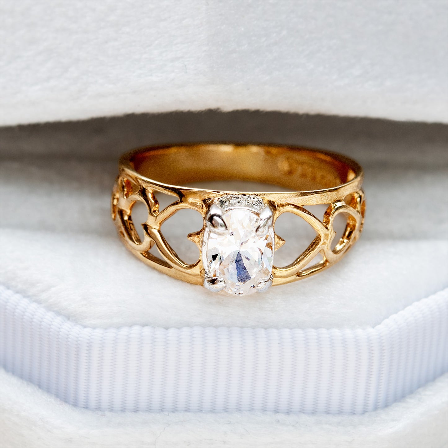Vintage 18k Gold Electroplated Heart Cutout Band Ring with Oval Cubic Zirconia – Made in Providence, RI jewelry image 1