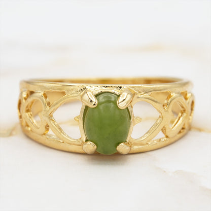Vintage 18k Gold Electroplated Heart Cutout Band Ring with Genuine Jade jewelry image 1