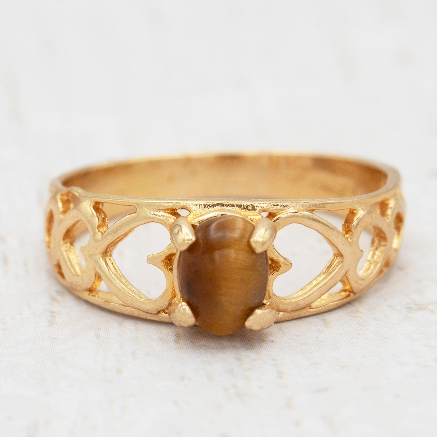Vintage 18k Gold Electroplated Heart Cutout Band Ring with Genuine Tiger Eye jewelry image 1