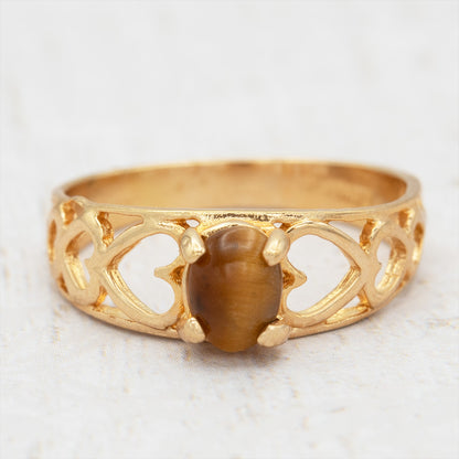 Vintage 18k Gold Electroplated Heart Cutout Band Ring with Genuine Tiger Eye jewelry image 1