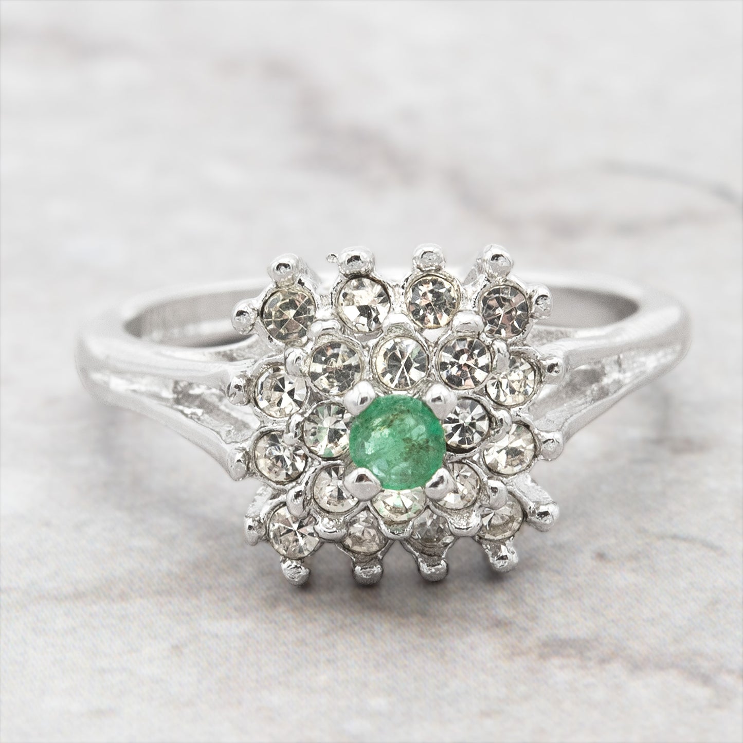 Vintage Emerald & Clear Austrian Crystal Burst Ring - 18kt White Gold Electroplated - Made in USA jewelry image 1
