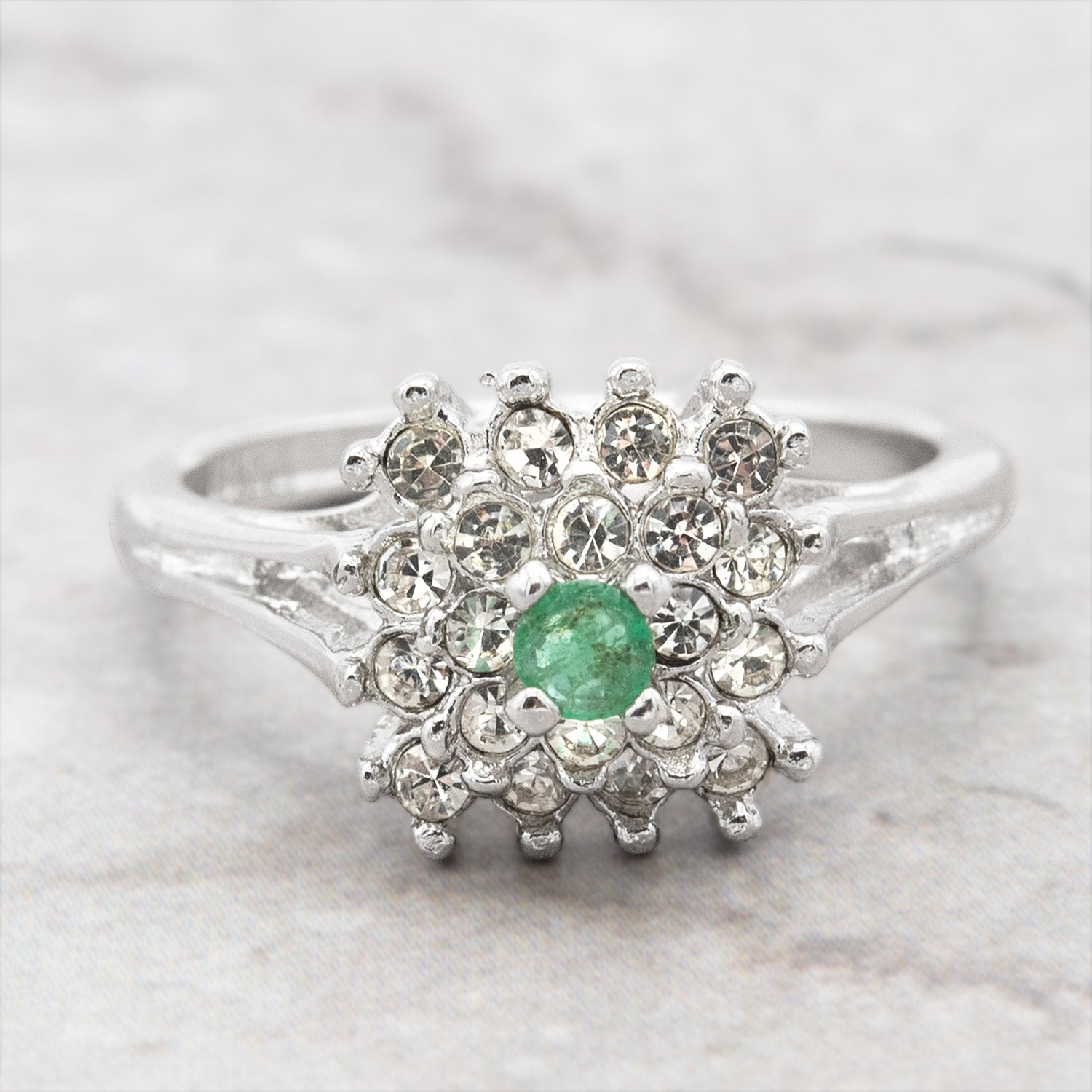Vintage Emerald & Clear Austrian Crystal Burst Ring - 18kt White Gold Electroplated - Made in USA jewelry image 1