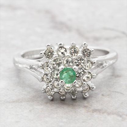 Vintage Emerald & Clear Austrian Crystal Burst Ring - 18kt White Gold Electroplated - Made in USA jewelry image 1