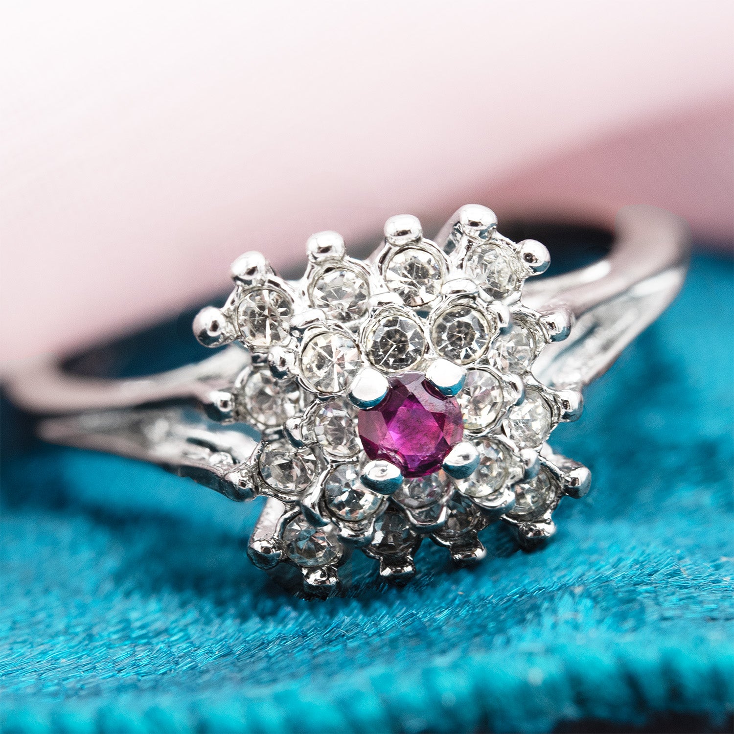 Vintage Austrian Crystal Burst Ring with Ruby Center Stone – 18kt White Gold Electroplated – Made in USA jewelry image 1