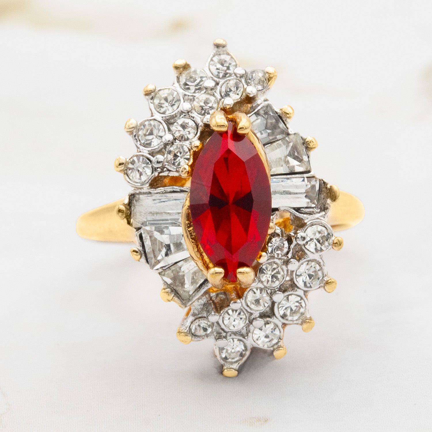 Vintage 1970s Ruby Red Austrian Crystal Marquise Cocktail Ring - 18k White Gold Electroplated, Made in USA jewelry image 1