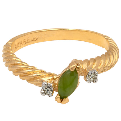 Vintage Ring Dainty Genuine Jade and Austrian Crystals Ring