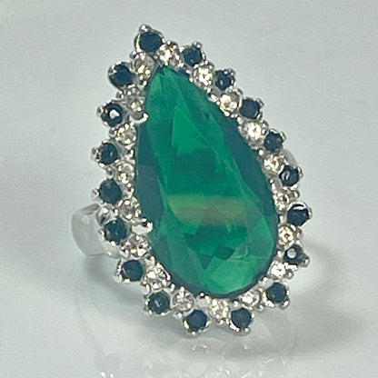 Victorian Style 18k HGE White Gold Cocktail Ring with Emerald Green and Black Austrian Crystals #R212 jewelry image 1