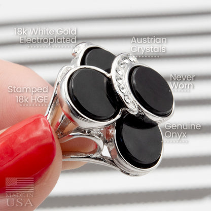 Vintage Genuine Black Onyx Cocktail Ring - 18k White Gold Electroplated with Austrian Crystals jewelry image 1