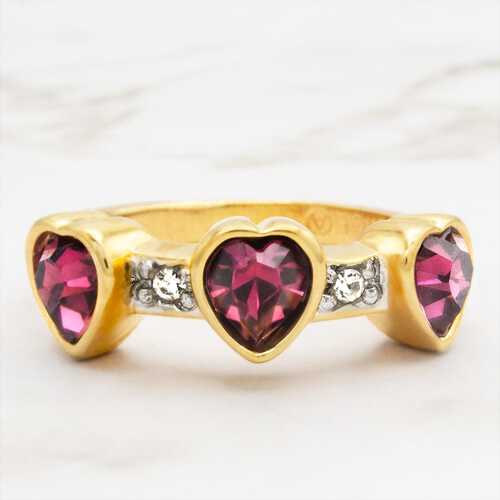 Vintage Triple Heart Aquamarine Austrian Crystal Ring - 18k Gold Electroplated jewelry image 1