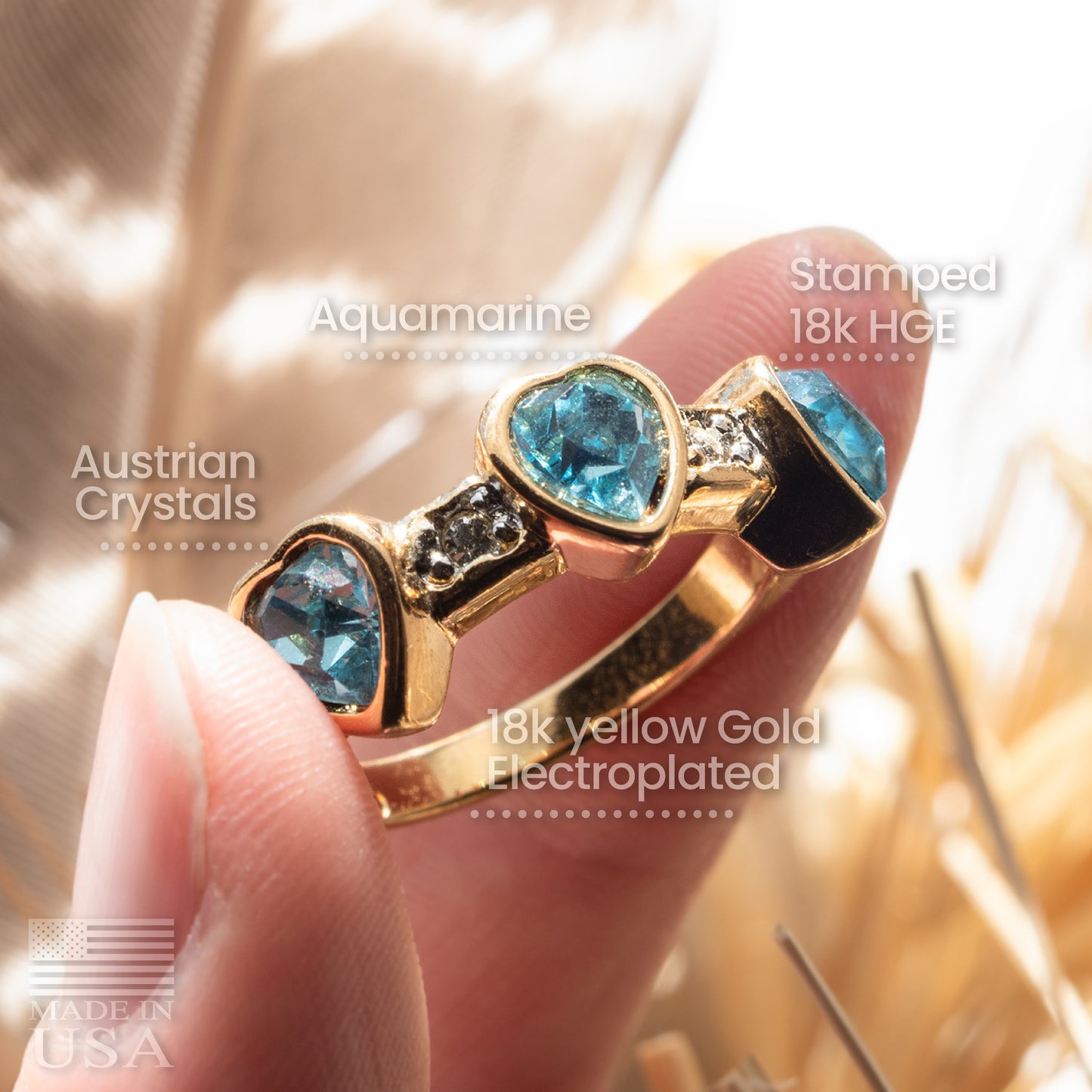 Vintage Ring Crystal Triple Heart Womens Ring 18k Gold Electroplated Stacking Valentine's Day Womans Gifts Antique Jewelry