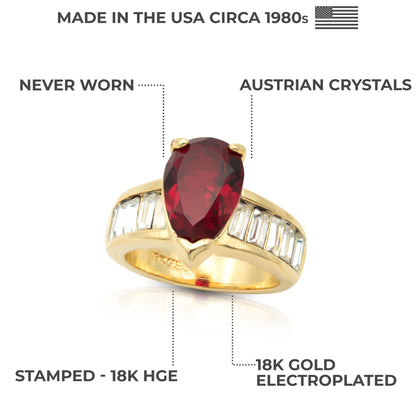 Vintage 1970s Ring Teardrop Solitair Austrian Crystals 18k Yellow Gold Electroplate
