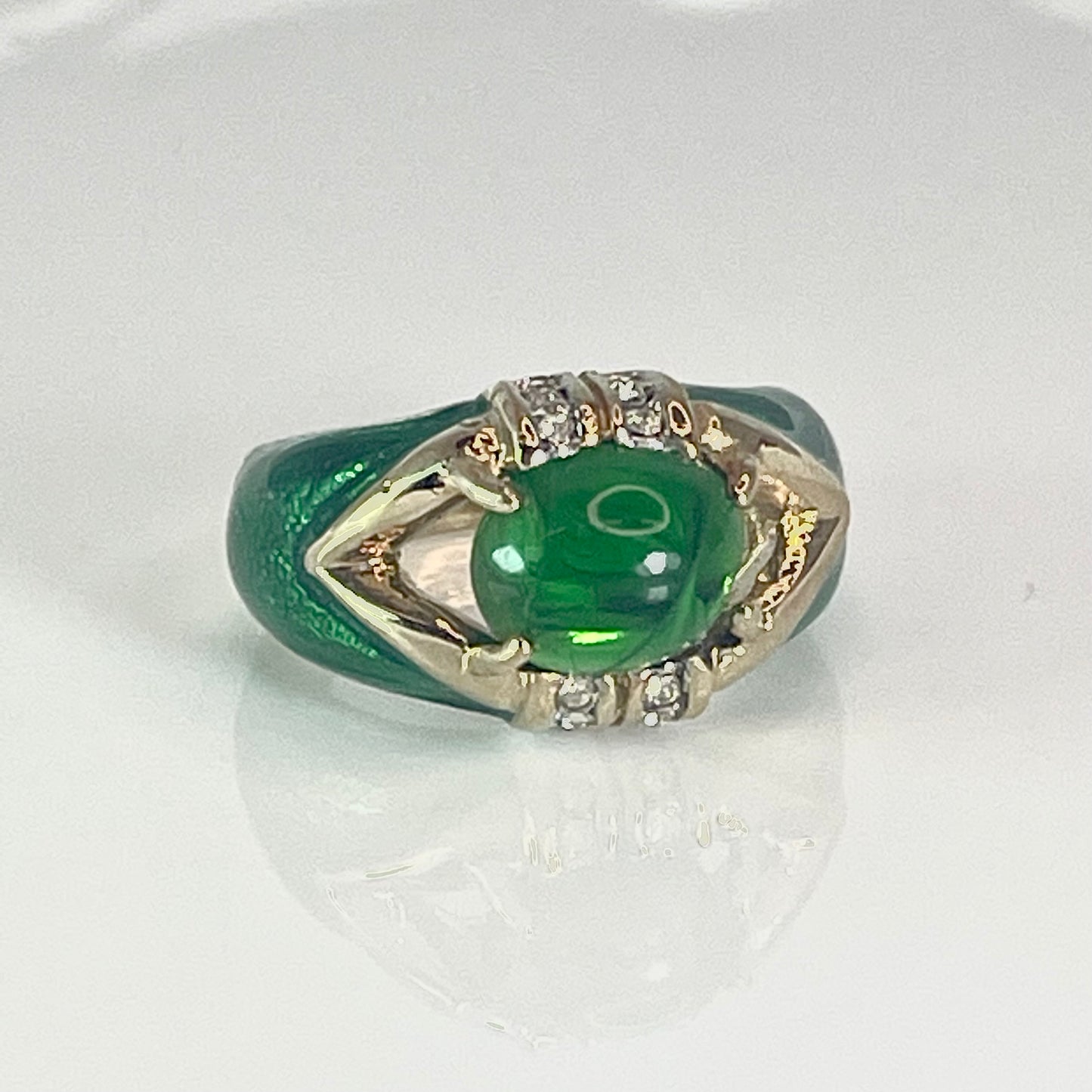 Vintage 1990s Emerald Green Cabochon Crystal and Clear Crystals Dome Ring - 18k HGE with Hand Painted Epoxy jewelry image 1