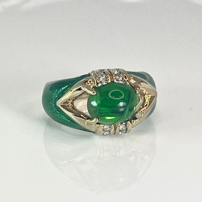 Vintage 1990s Emerald Green Cabochon Crystal and Clear Crystals Dome Ring - 18k HGE with Hand Painted Epoxy jewelry image 1