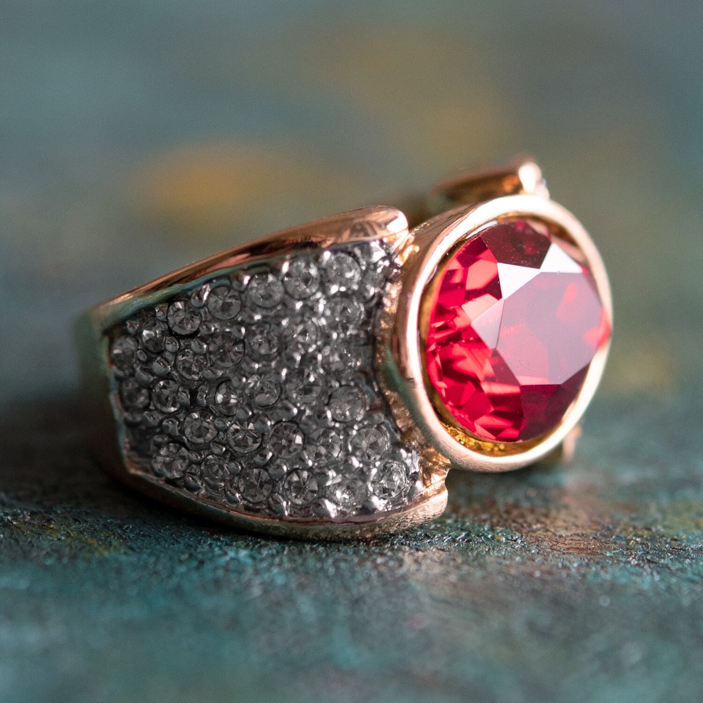 Women's Vintage Ring Genuine Stones, Austrian Crystals Cocktail Ring 18k Yellow Gold Electroplated  R1934