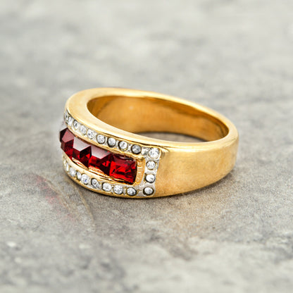 Vintage 1970s Ruby Red Austrian Crystal Band Ring - 18k Gold Electroplated jewelry image 1