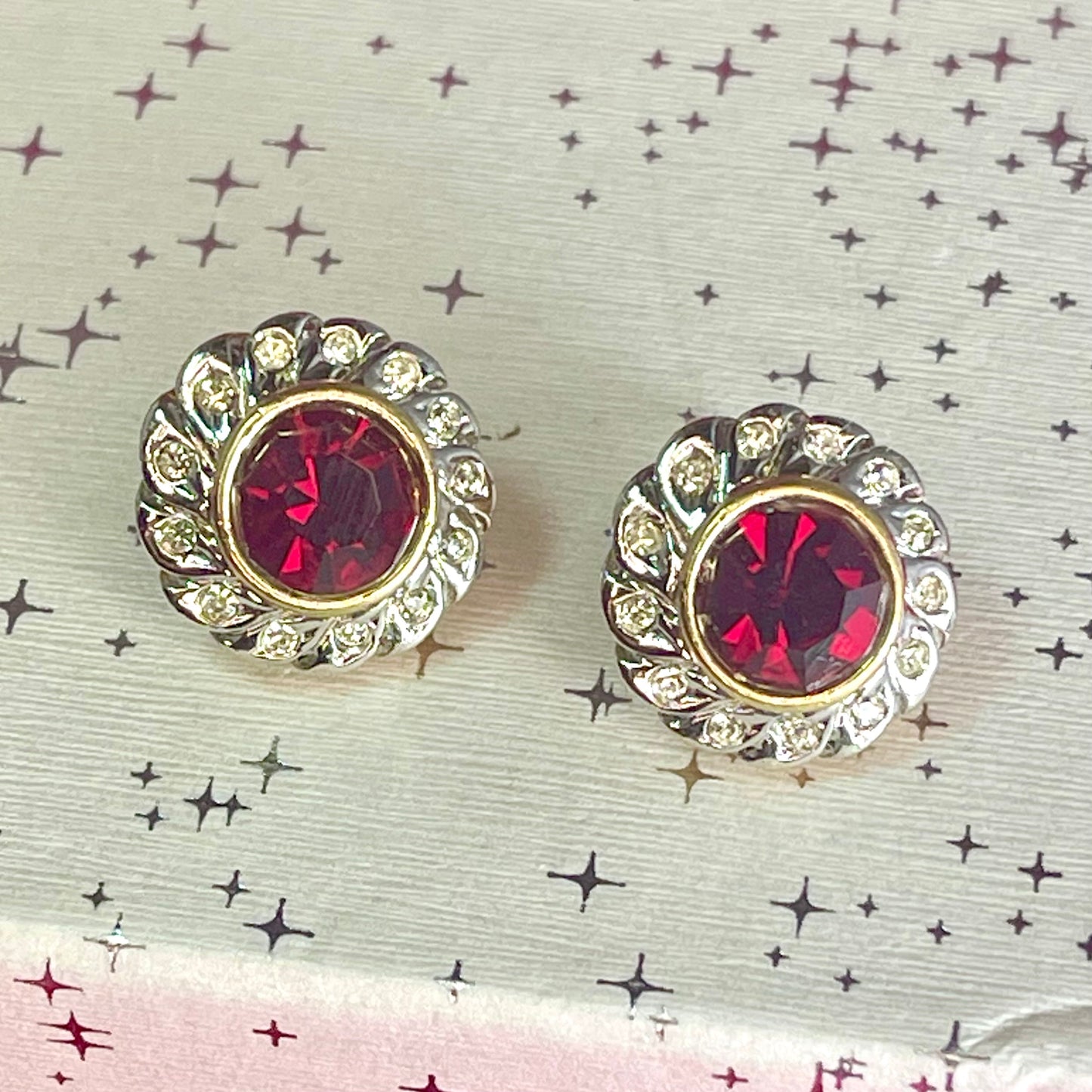 Vintage Austrian Crystal Ruby Red Post Earrings - Two-Tone Gold & Silver with Clear Accents #E4017 jewelry image 1