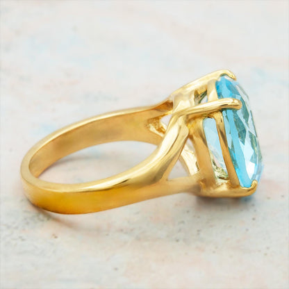 Vintage 1980s Austrian Crystal Cocktail Ring Women's 18k Gold Electroplated Made in USA March Birsthstone Statement Ring Blue