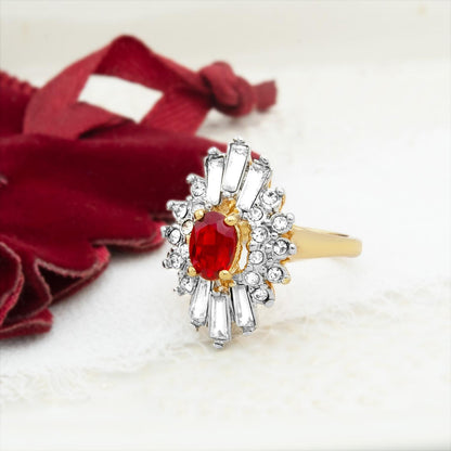 Vintage Ring 1970's Ruby and Clear Austrian Crystals 18k Gold Antique Jewelry for Women - Limited Stock - Never Worn Cocktail Ring