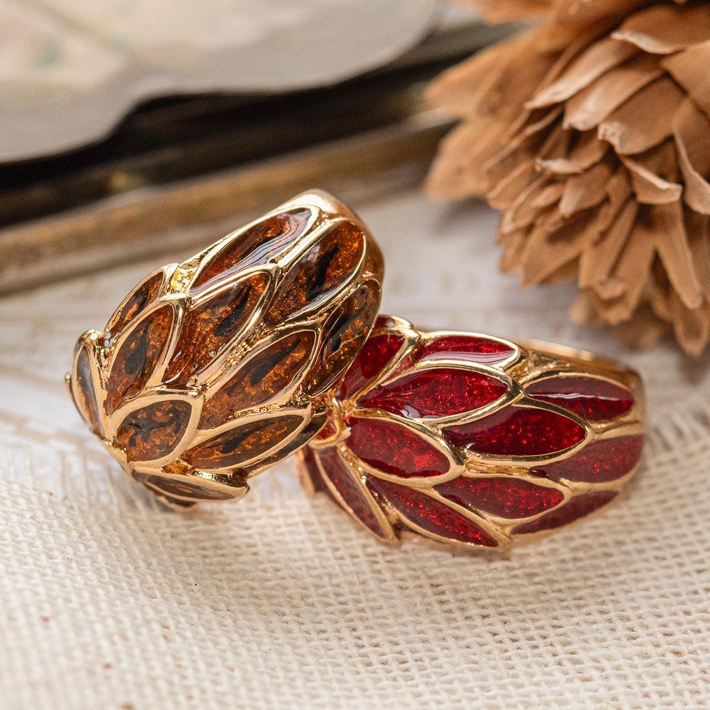 Vintage 1970s Women's Ring 18k Gold Electroplated Brown Enamel Leaf Motif Dome Ring Hand Made in USA
