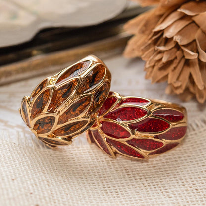 Vintage 1970s Women's Ring 18k Gold Electroplated Brown Enamel Leaf Motif Dome Ring Hand Made in USA