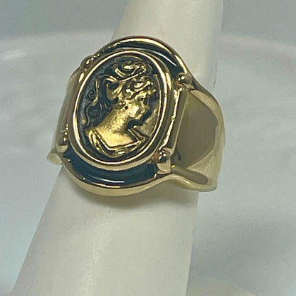 Vintage Womens Gold Cameo 18k Yellow Gold Electroplated Ring Hand Painted Epoxy Made in USA Victorian Rings Silhouette Cameo