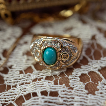 Womens Vintage Ring Turquoise Glass Bead Austrian Crystals Cocktail Ring