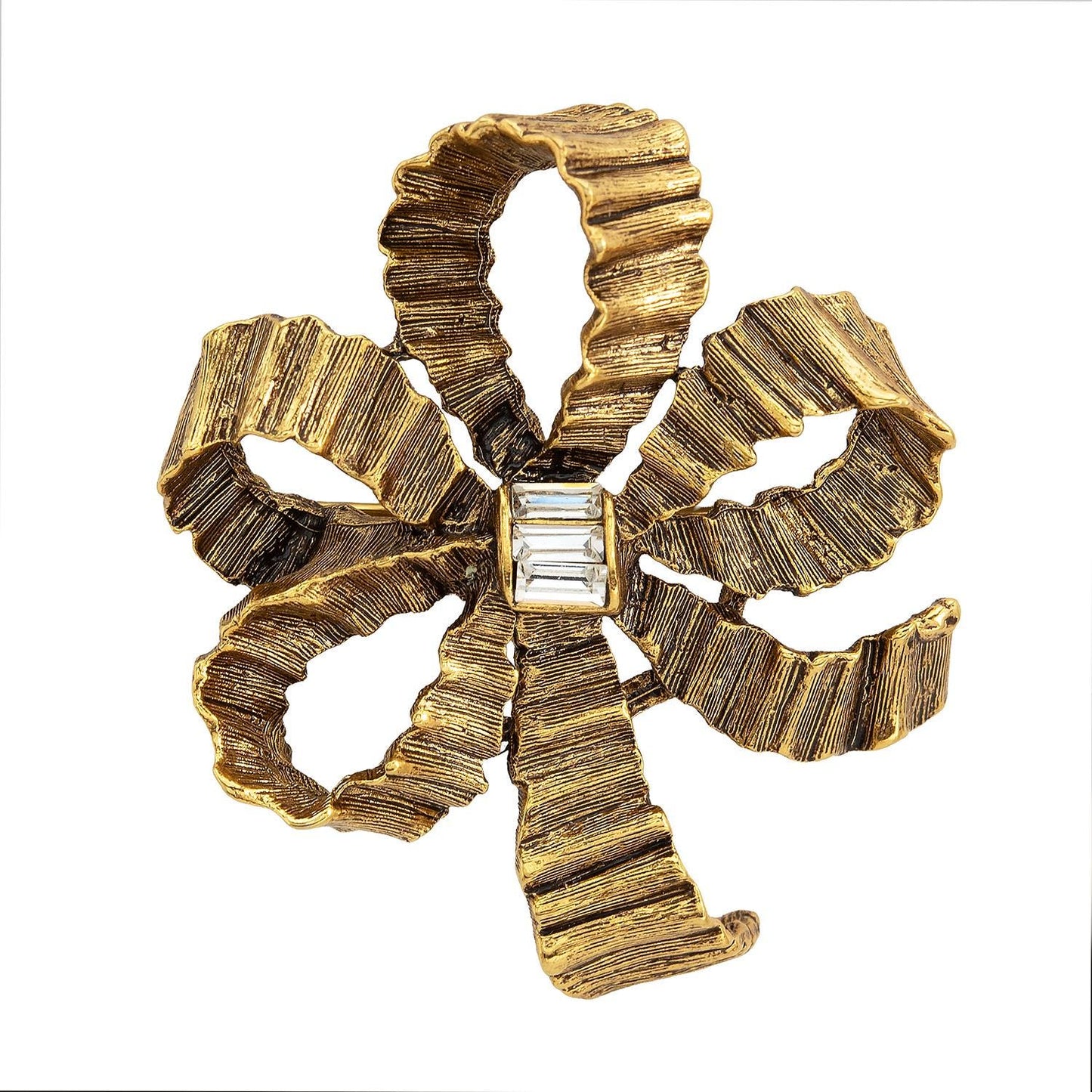 Vintage Oscar de la Renta Double Bow Brooch Antique Gold Pin Crystals Luxury Designer Jewelry Womans Antique Estate Jewelry
