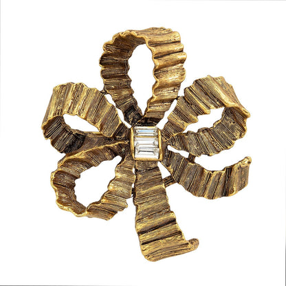 Vintage Oscar de la Renta Double Bow Brooch Antique Gold Pin Crystals Luxury Designer Jewelry Womans Antique Estate Jewelry