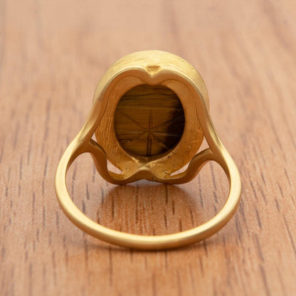 Vintage 1970s Scarab Beetle Genuine Tiger Eye Stone Yellow Gold Electroplated Ring Made in USA Women's Gold Ring
