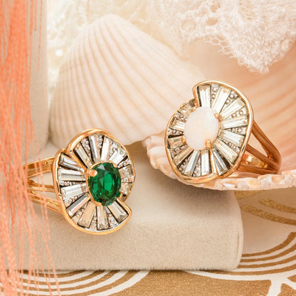 Vintage Ring Women's Genuine Opal Cocktail Ring with Baguette Clear Crystal Accents Made in the USA Gold Ring Statement Mothers Gift