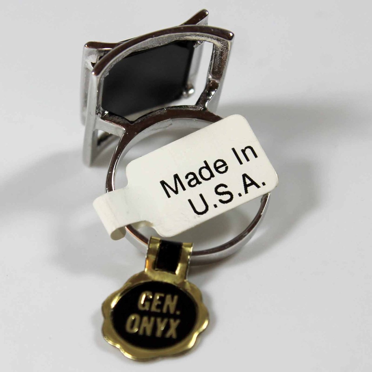 Vintage 1970's Genuine Onyx Ring Rhodium Plated Cocktail Ring Made in USA