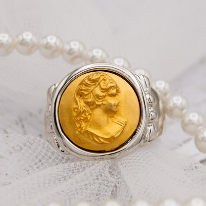Womens Vintage Cameo Ring 18kt White and Yellow Gold Victorian Lady Cameo Jewelry for Women Statement Ring Girls Unique Rings