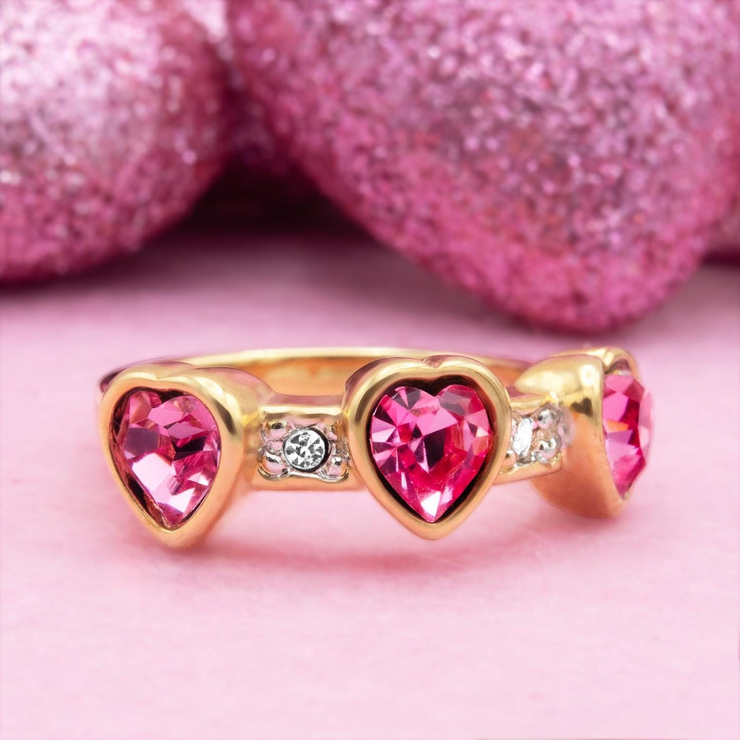 Vintage Ring Crystal Triple Heart Womens Ring 18k Gold Electroplated Stacking Valentine's Day Womans Gifts Antique Jewelry