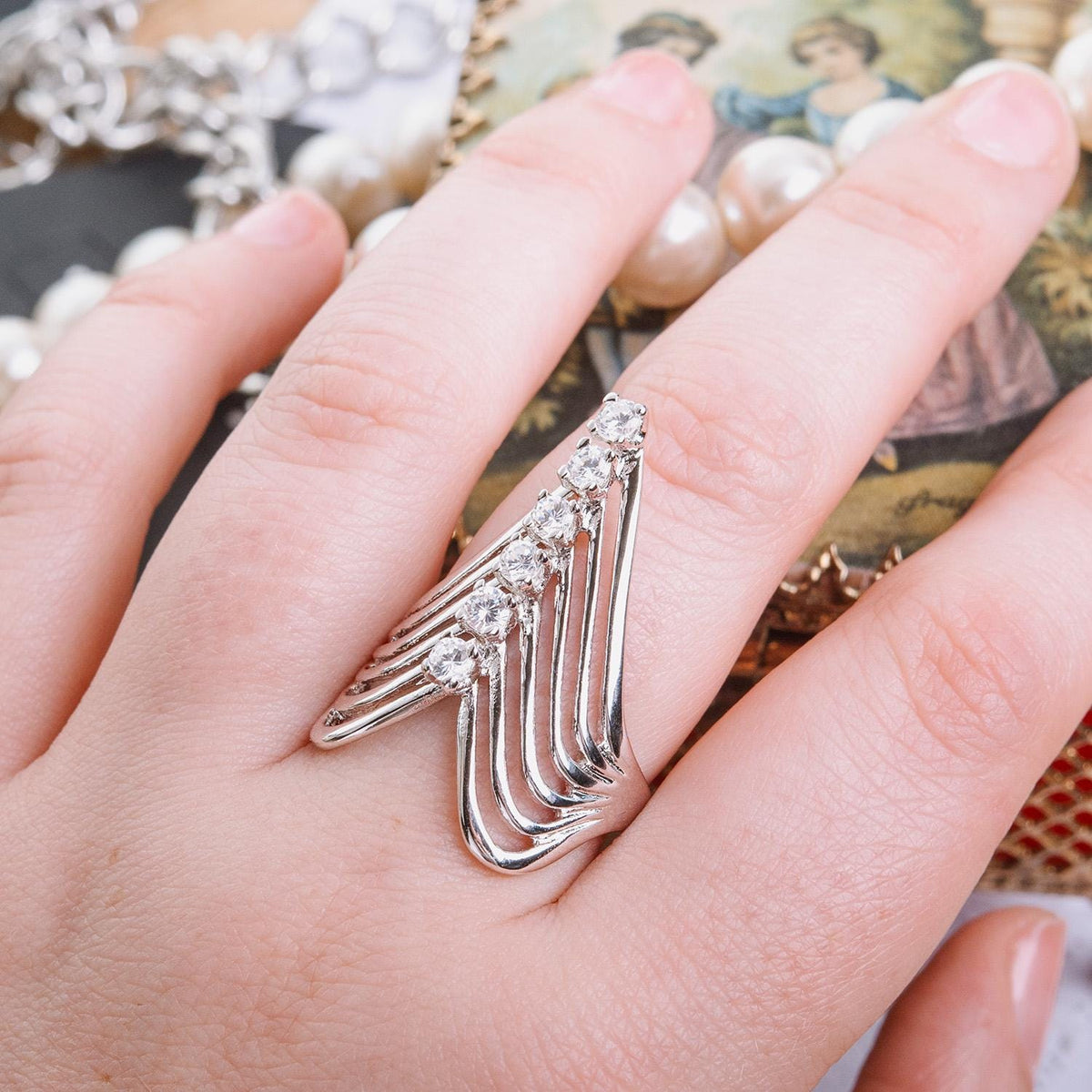Vintage 1980s Cubic Zirconia Women's Statement Ring 18k Gold Electroplated V Shape Mid Century Design