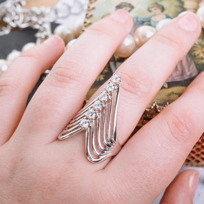 Vintage 1980s Cubic Zirconia Women's Statement Ring 18k Gold Electroplated V Shape Mid Century Design