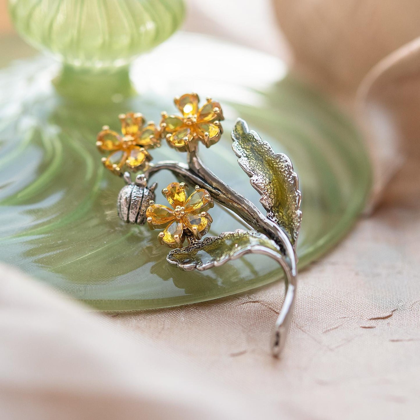 Vintage Womens Oscar de la Renta Crystal Flower Brooch Pin White Gold Plated Designer Lapel Pin Only One Available