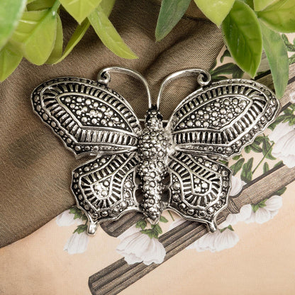 Women's Vintage Butterfly Brooch Pin Antique Style Silver Plated Black Crystal Eyes Made in USA Only One Available