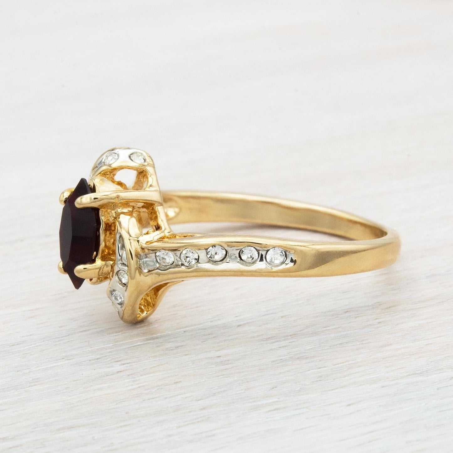 Vintage Woman's Antique Garnet Austrian & Clear Crystal Ring 18k Gold Electroplated USA Handmade