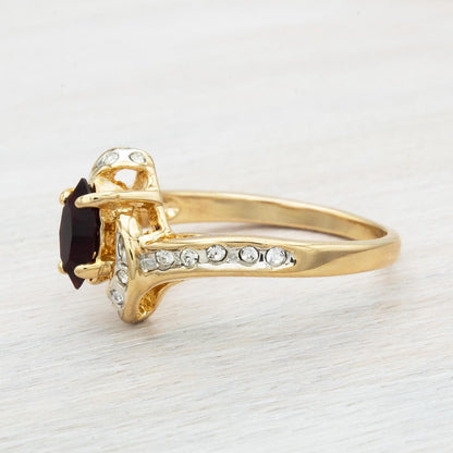 Vintage Woman's Antique Garnet Austrian & Clear Crystal Ring 18k Gold Electroplated USA Handmade