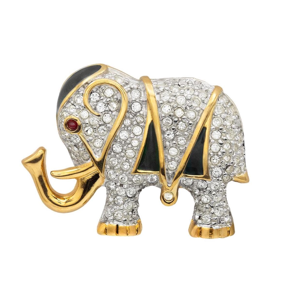 Vintage Women's Brooch Pin Elephant Clear Crystals & Ruby Eye Hand Painted Good Luck