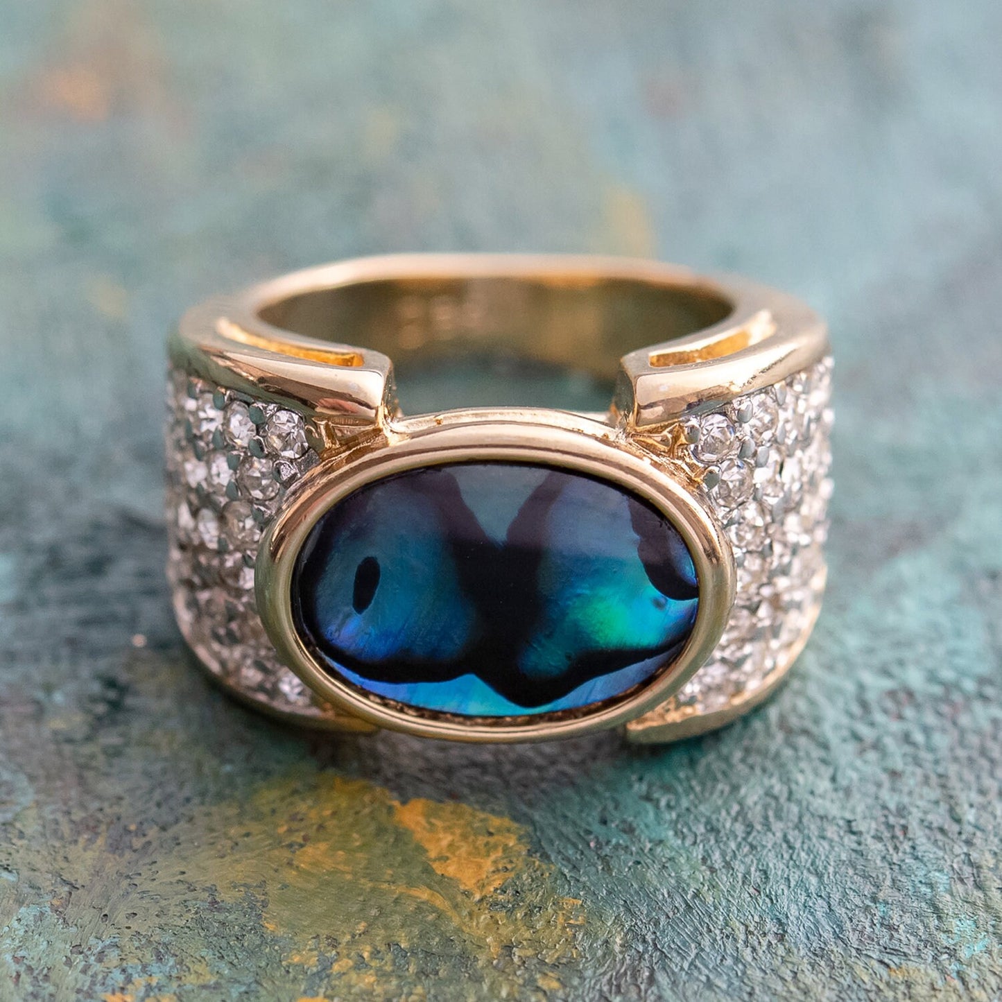 Vintage Genuine Blue Abalone Cocktail Ring with Austrian Crystals - 18k Yellow Gold Electroplated jewelry image 1