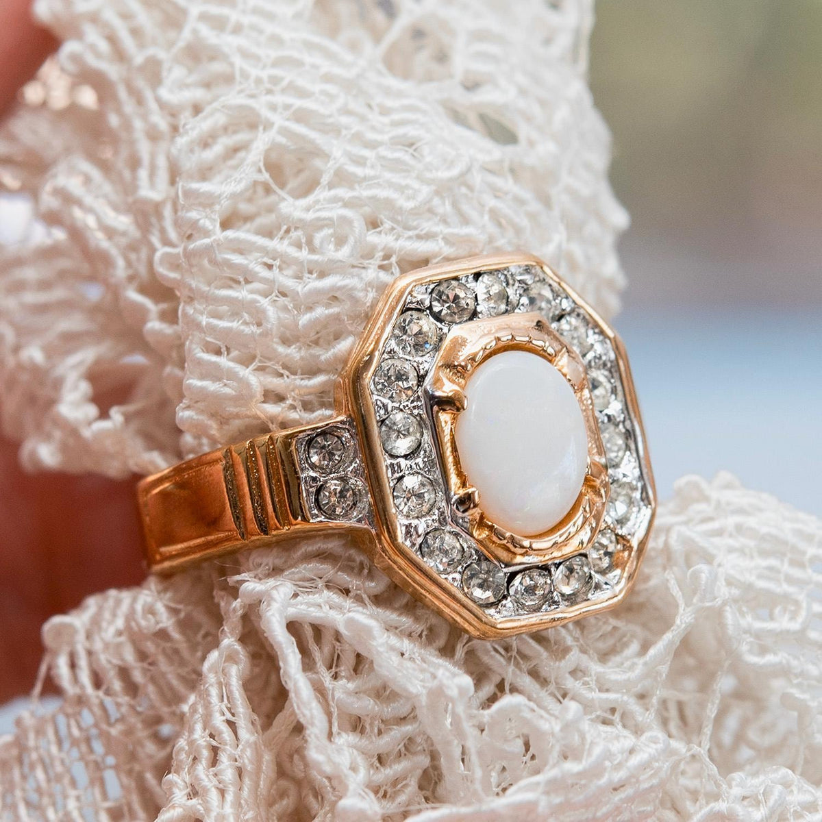 Vintage Genuine Opal and Austrian Crystals 18kt Gold Electroplated Birthstone Ring
