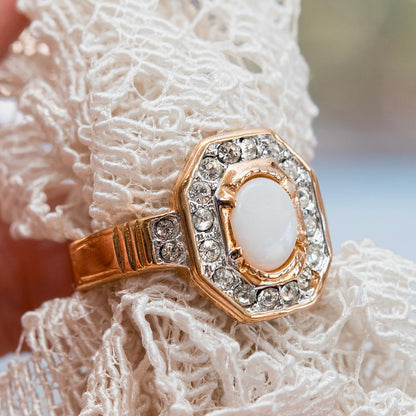 Vintage Genuine Opal and Austrian Crystals 18kt Gold Electroplated Birthstone Ring
