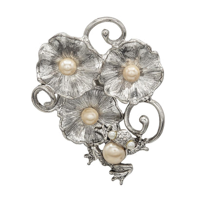 Vintage Oscar de la Renta Brooch Antiqued Unique White Frog on Lilly Pad Pin with Pearl Drops Womens Designer Jewelry