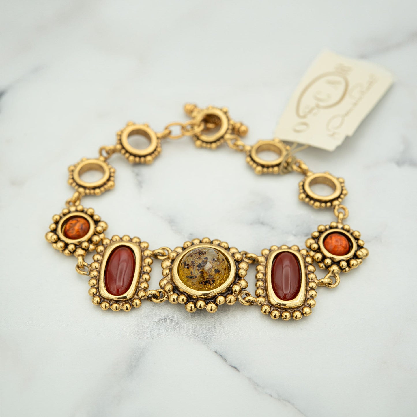 Women's Vintage Oscar De La Renta 8" Antique Gold Plated Bracelet with Carnelian Stones #OSB-535- Limited Stock - Never Worn